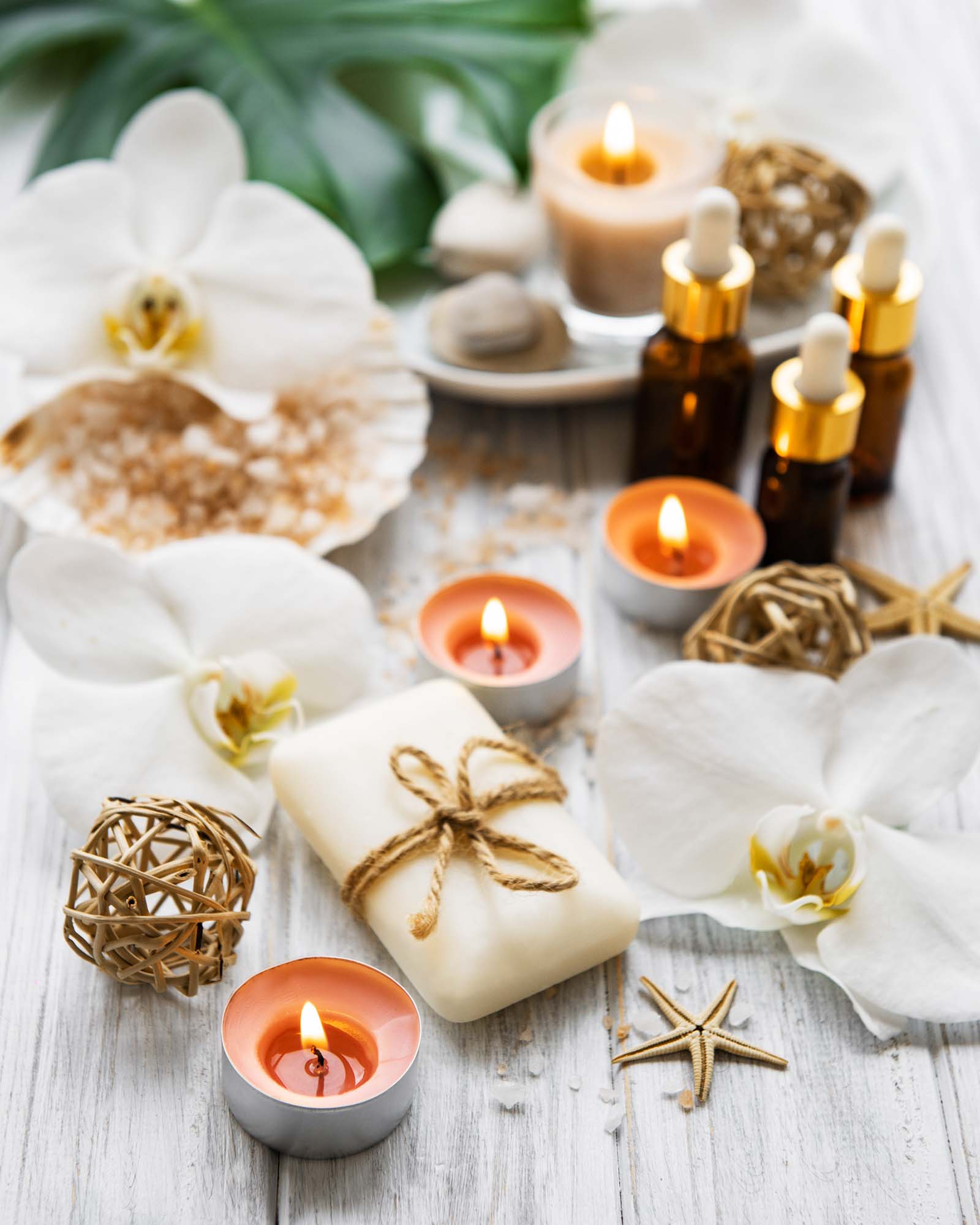 Natural spa ingredients with orchid flowers on a white wooden  background